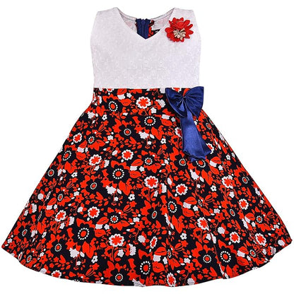 Girls White & Red Floral Cotton Dress with Navy Satin Bow