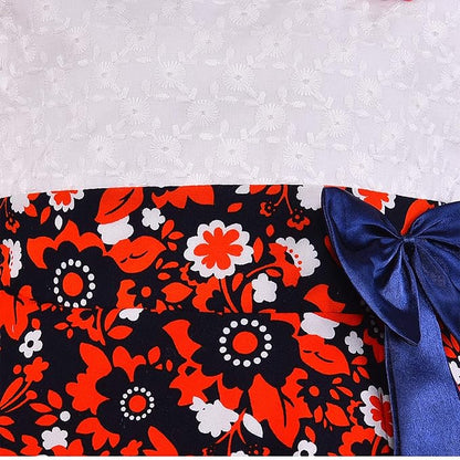 Girls White & Red Floral Cotton Dress with Navy Satin Bow