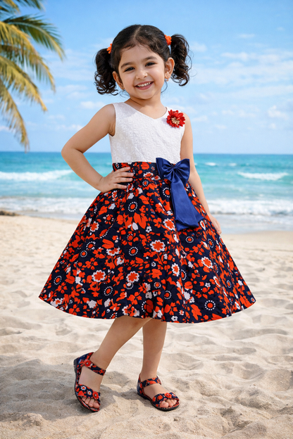 Girls White & Red Floral Cotton Dress with Navy Satin Bow