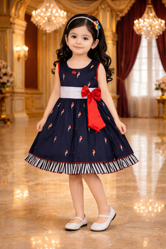 Girls Cotton Printed Party Wear Dress with Bow Belt – Soft, Stylish & Comfortable