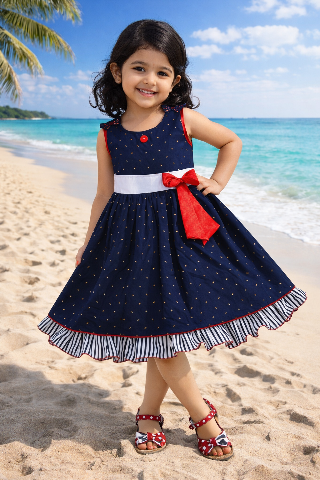 Girls Cotton Printed Party Wear Dress with Bow Belt – Soft, Stylish & Comfortable