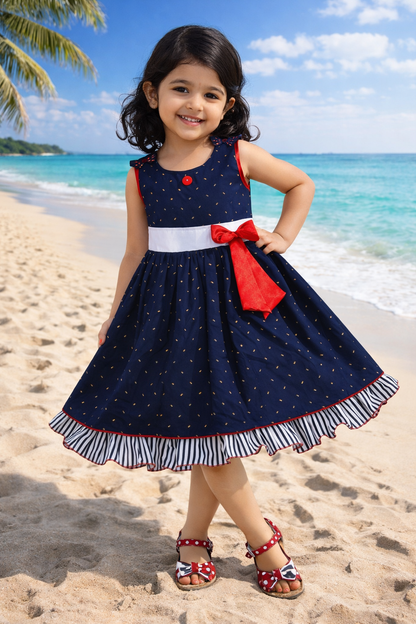 Girls Cotton Printed Party Wear Dress with Bow Belt – Soft, Stylish & Comfortable