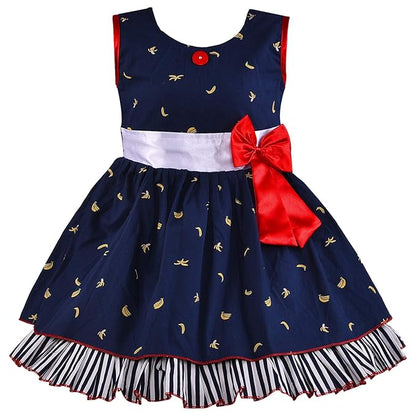 Girls Navy Blue Cotton Printed Sleeveless Dress with Bow | Soft & Breathable Kids Casual Party Dress