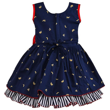 Girls Navy Blue Cotton Printed Sleeveless Dress with Bow | Soft & Breathable Kids Casual Party Dress