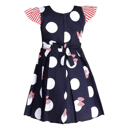 Girls Navy Blue Polka Dot Cotton Dress with Red Stripe Bow Belt
