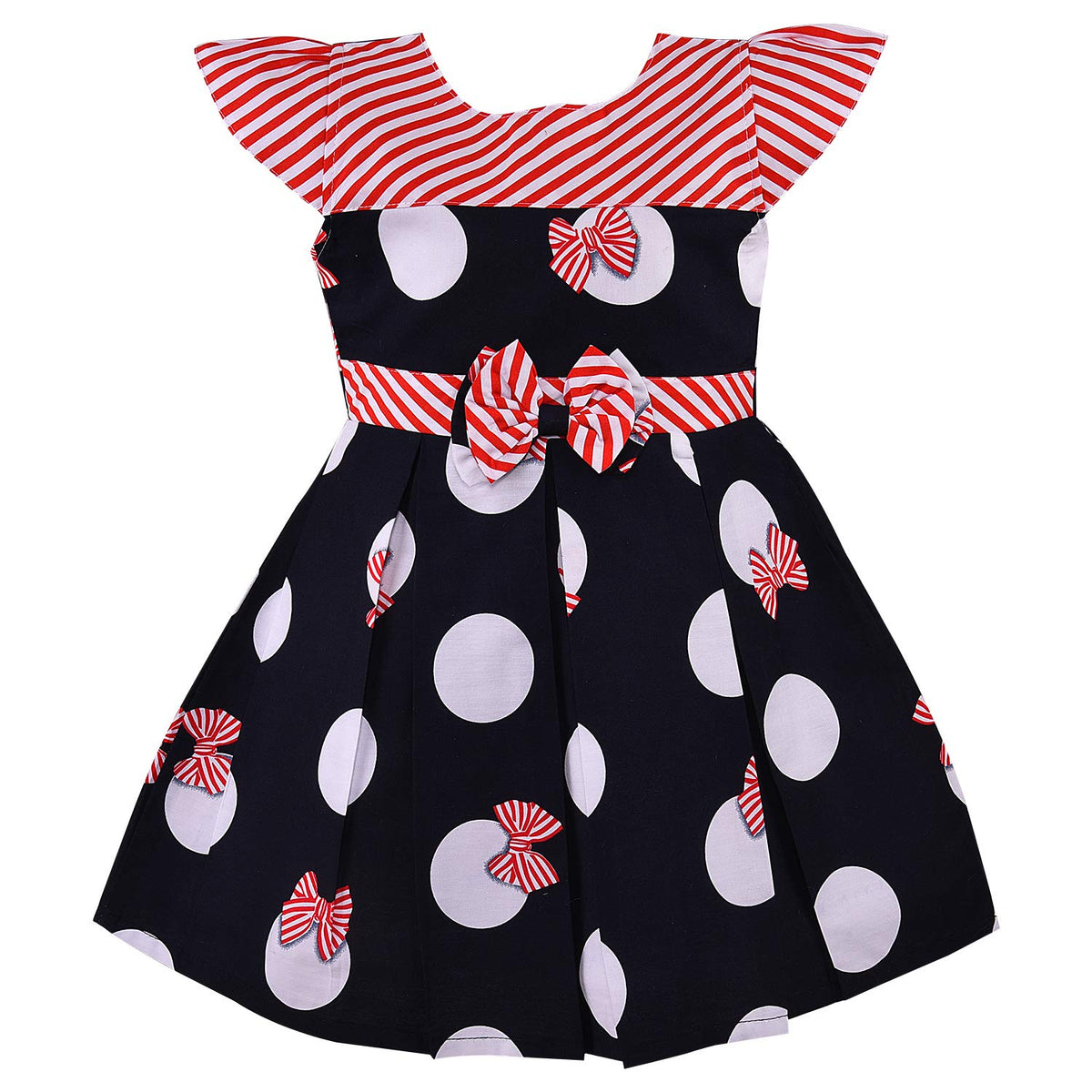 Girls Navy Blue Polka Dot Cotton Dress with Red Stripe Bow Belt