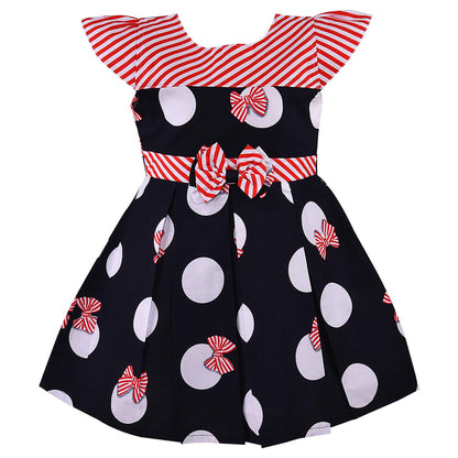Girls Navy Blue Polka Dot Cotton Dress with Red Stripe Bow Belt