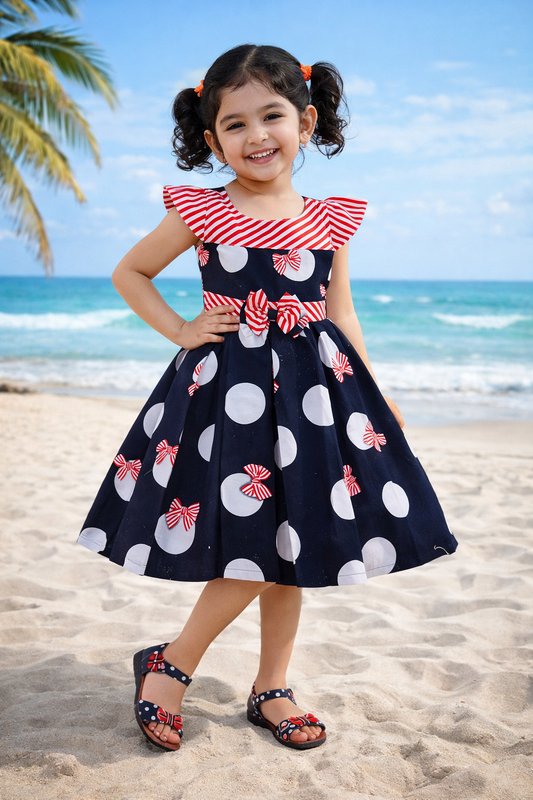 Girls Navy Blue Polka Dot Cotton Dress with Red Stripe Bow Belt