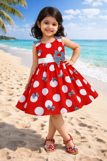 Girls Cotton Printed Bow Flared Dress