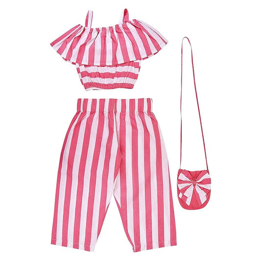 Pink & White Striped Girls Co-Ord Set with Off-Shoulder Top, Pants and Sling Bag