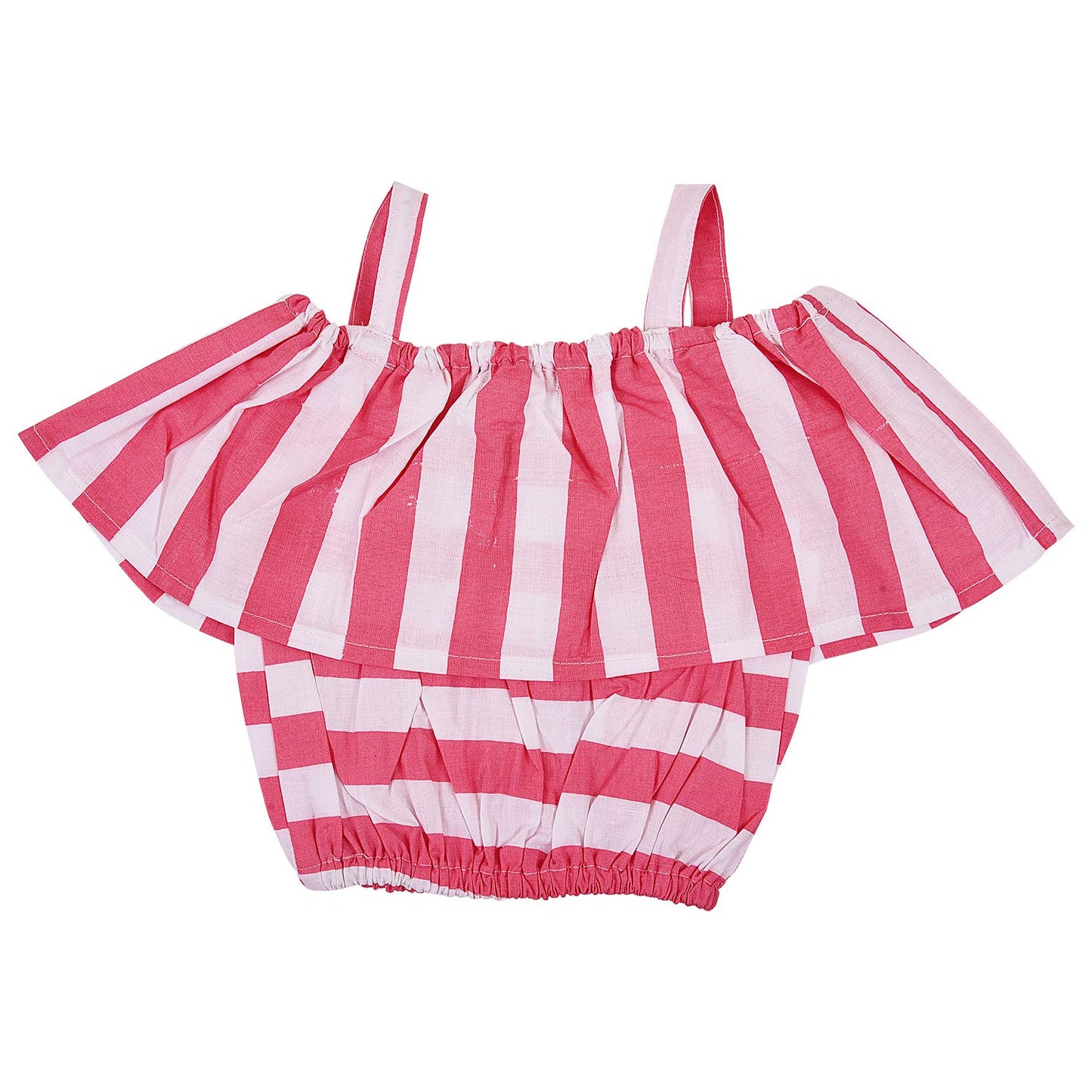 Pink & White Striped Girls Co-Ord Set with Off-Shoulder Top, Pants and Sling Bag