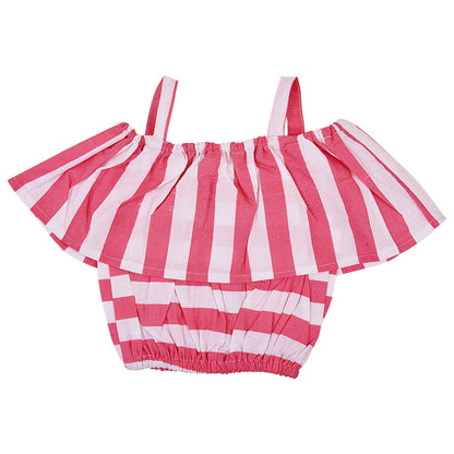 Pink & White Striped Girls Co-Ord Set with Off-Shoulder Top, Pants and Sling Bag