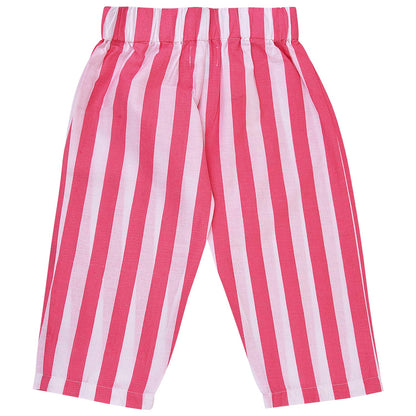 Pink & White Striped Girls Co-Ord Set with Off-Shoulder Top, Pants and Sling Bag