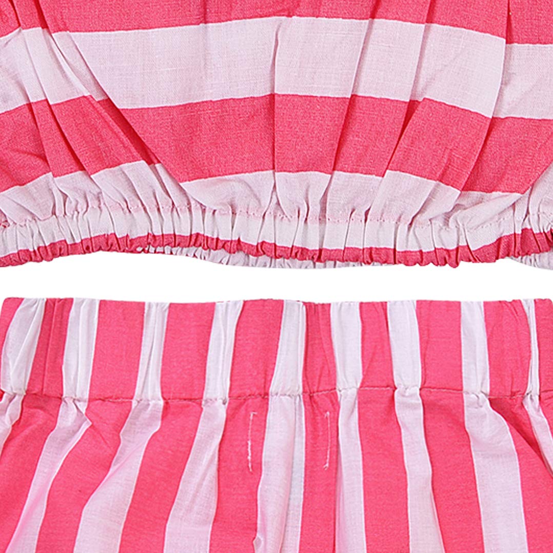 Pink & White Striped Girls Co-Ord Set with Off-Shoulder Top, Pants and Sling Bag