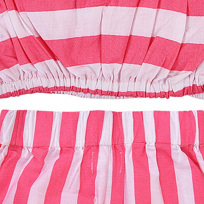 Pink & White Striped Girls Co-Ord Set with Off-Shoulder Top, Pants and Sling Bag