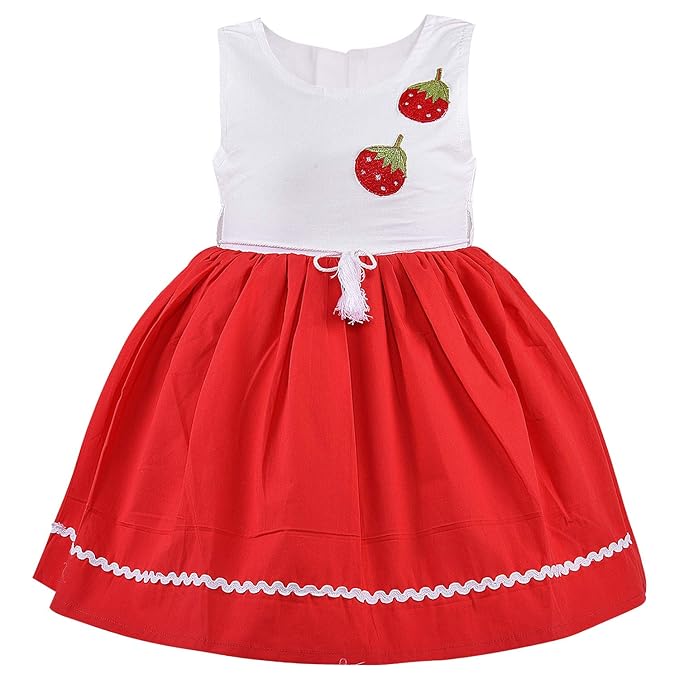 Girls White & Red Strawberry Cotton Dress with Flared Skirt