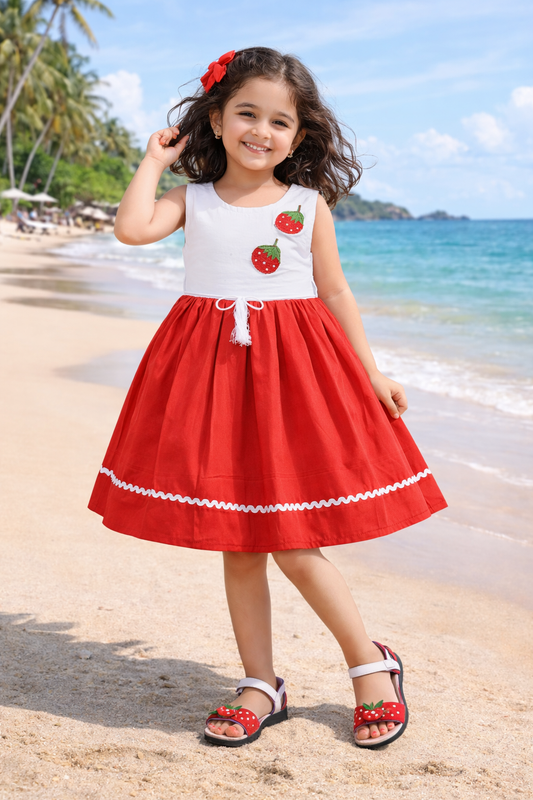 Girls White & Red Strawberry Cotton Dress with Flared Skirt