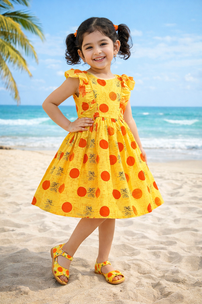 Girls White & Red Strawberry Cotton Dress with Flared Skirt