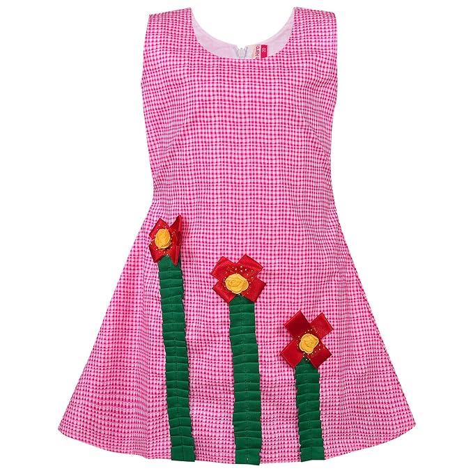 Girls Checked Cotton Dress with Floral Appliqué Detail