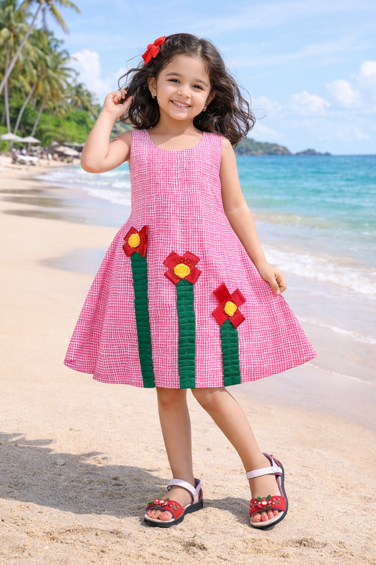 Girls Checked Cotton Dress with Floral Appliqué Detail