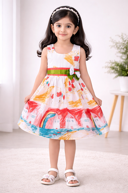 Girls Printed Cotton Party Wear Dress with Floral Waist Belt & Bow Detail