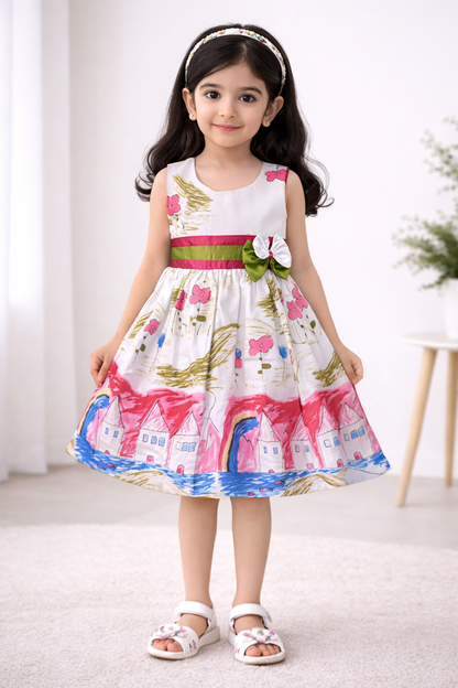 Girls Printed Cotton Party Wear Dress with Floral Waist Belt & Bow Detail