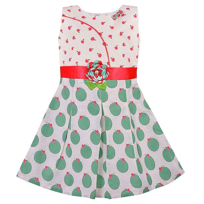 Girls Printed Cotton Dress with Red Waist Belt & Floral Accent
