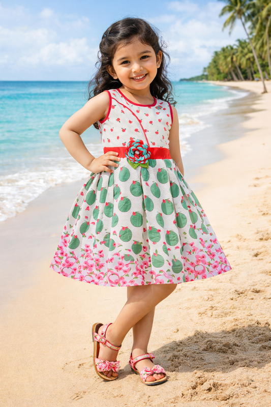 Girls Printed Cotton Dress with Red Waist Belt & Floral Accent