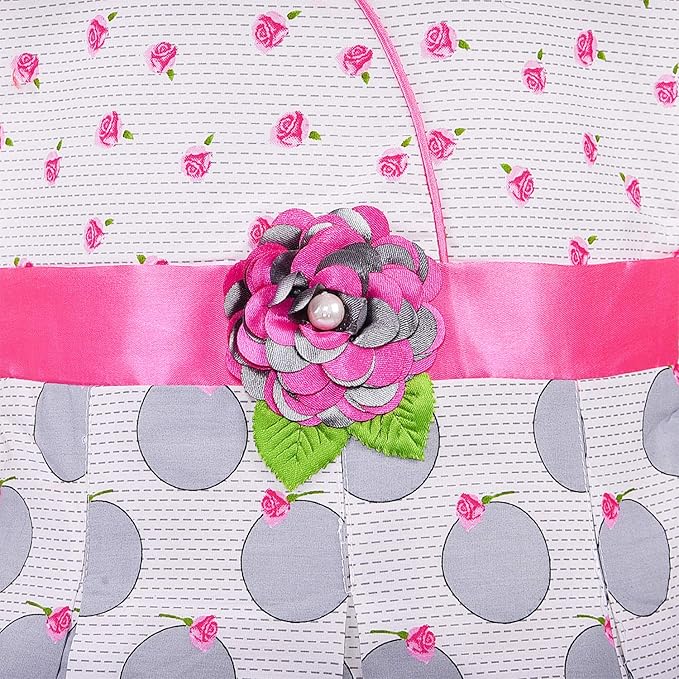 Girls Printed Cotton Dress with Red Waist Belt & Floral Accent