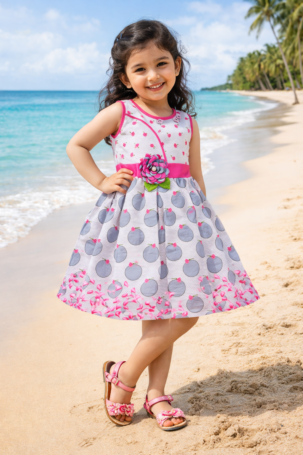 Girls Printed Cotton Dress with Red Waist Belt & Floral Accent
