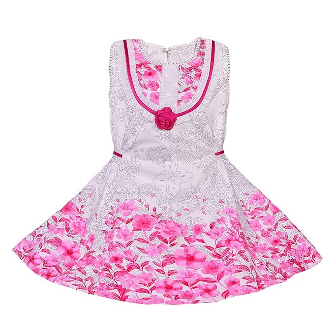 Girls Floral Printed Cotton Dress with Decorative Flower Accent
