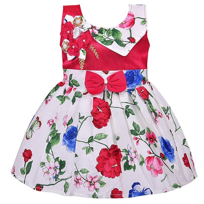 Girls Red & White Floral Printed Cotton Dress with 3D Flower Appliqué & Bow