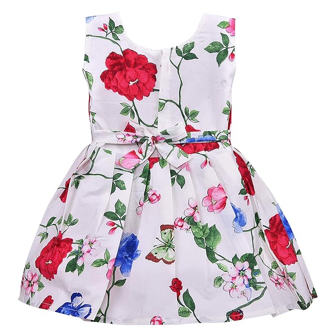 Girls Red & White Floral Printed Cotton Dress with 3D Flower Appliqué & Bow