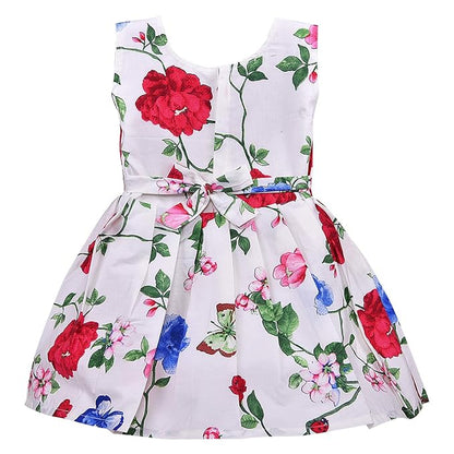 Girls Red & White Floral Printed Cotton Dress with 3D Flower Appliqué & Bow