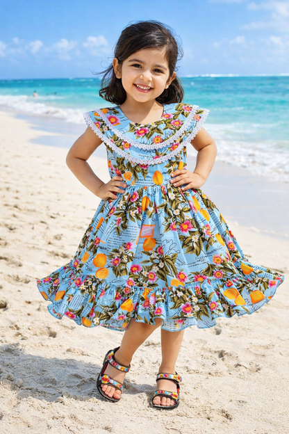 Girls Floral Printed Pure Cotton Ruffled Summer Dress