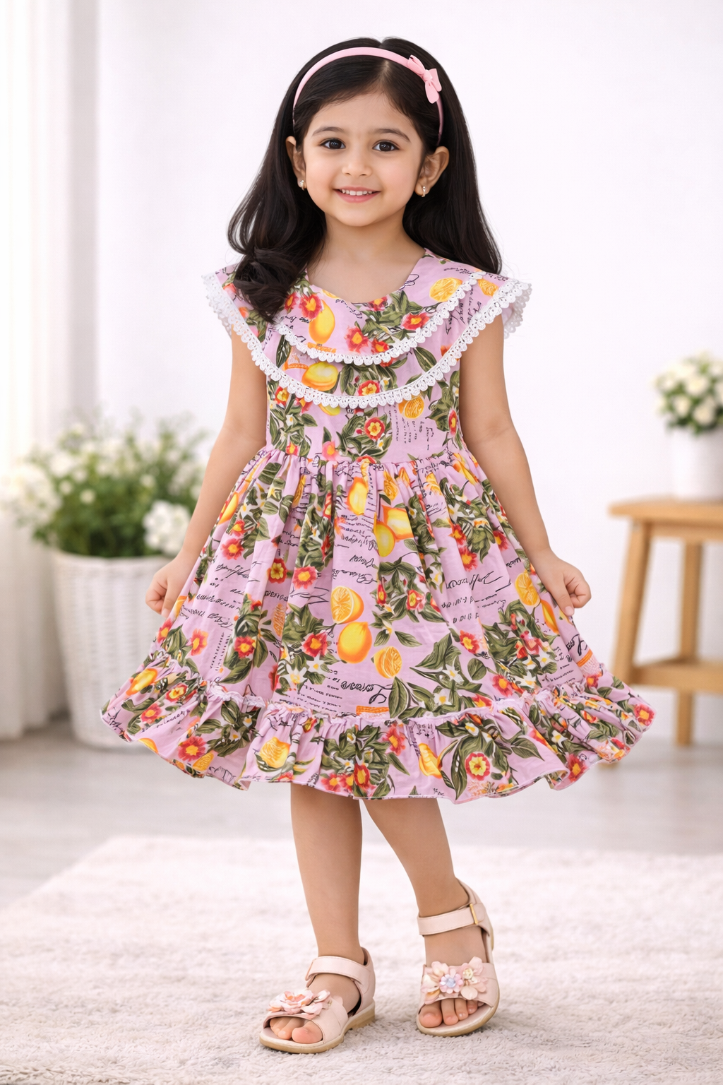 Girls Floral Printed Pure Cotton Ruffled Summer Dress
