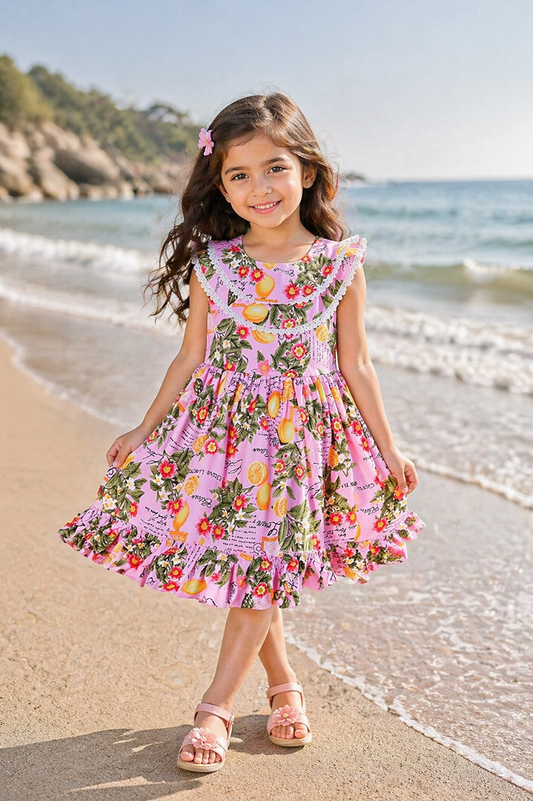 Girls Floral Printed Pure Cotton Ruffled Summer Dress