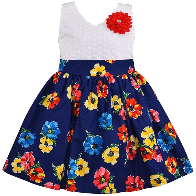 White and Navy Blue Floral Printed Cotton Girls Dress with Red Flower Detail