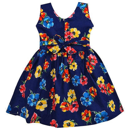 White and Navy Blue Floral Printed Cotton Girls Dress with Red Flower Detail