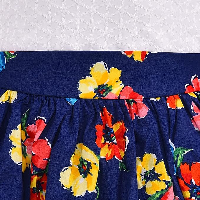 White and Navy Blue Floral Printed Cotton Girls Dress with Red Flower Detail