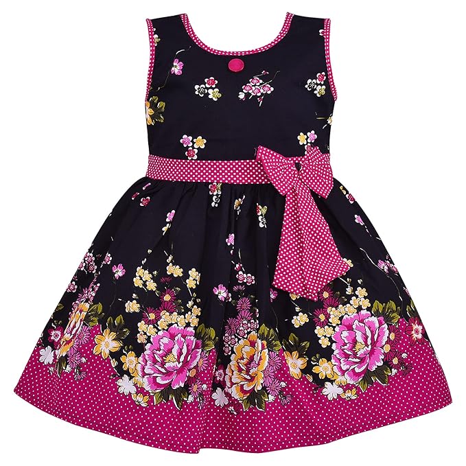 Black Floral Printed Cotton Girls Dress with Polka Dot Bow Waist