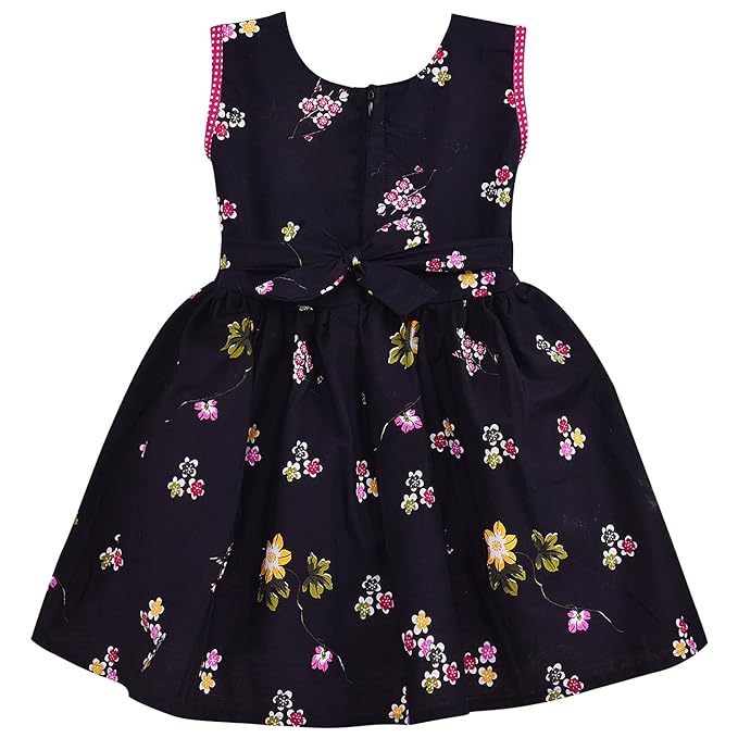Black Floral Printed Cotton Girls Dress with Polka Dot Bow Waist