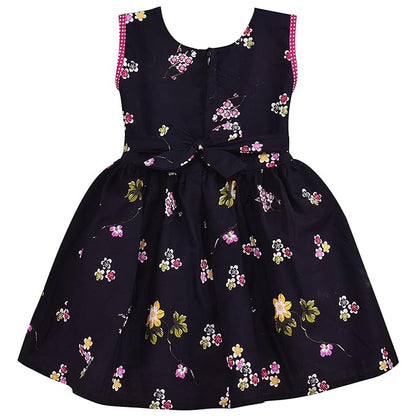 Black Floral Printed Cotton Girls Dress with Polka Dot Bow Waist