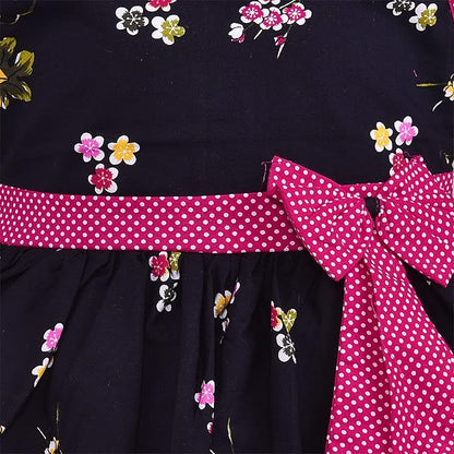 Black Floral Printed Cotton Girls Dress with Polka Dot Bow Waist