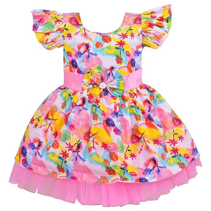 Girls Floral Print Flutter Sleeve Party Dress with Pink Bow