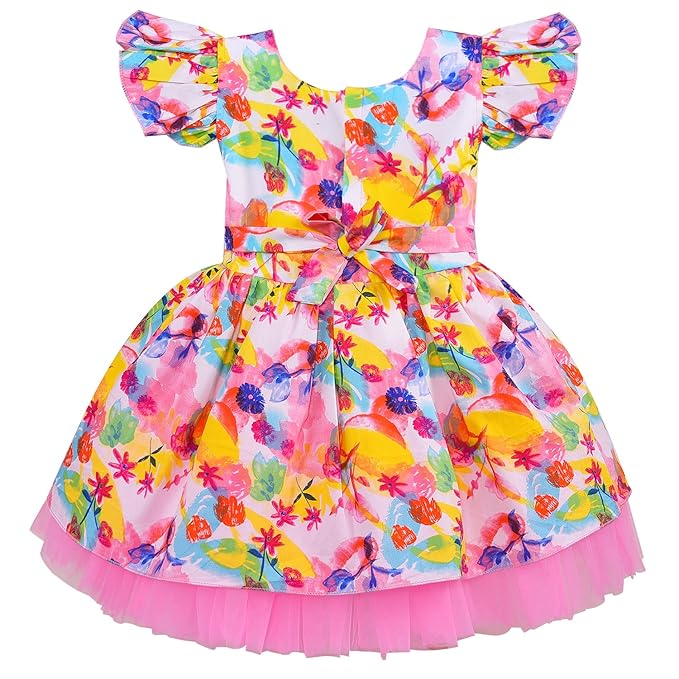 Girls Floral Print Flutter Sleeve Party Dress with Pink Bow