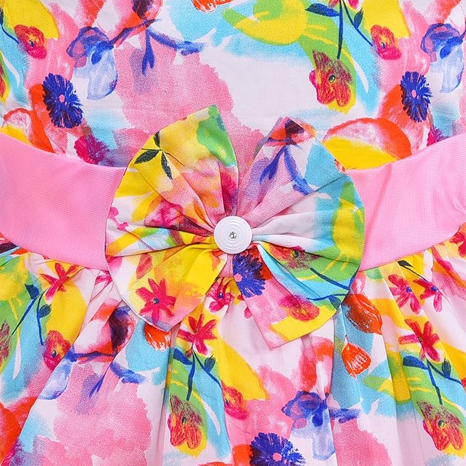 Girls Floral Print Flutter Sleeve Party Dress with Pink Bow