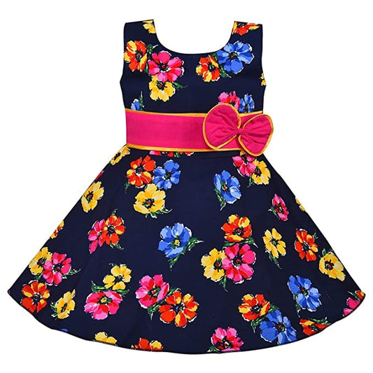 Girls Navy Blue Floral Sleeveless Party Dress with Pink Bow