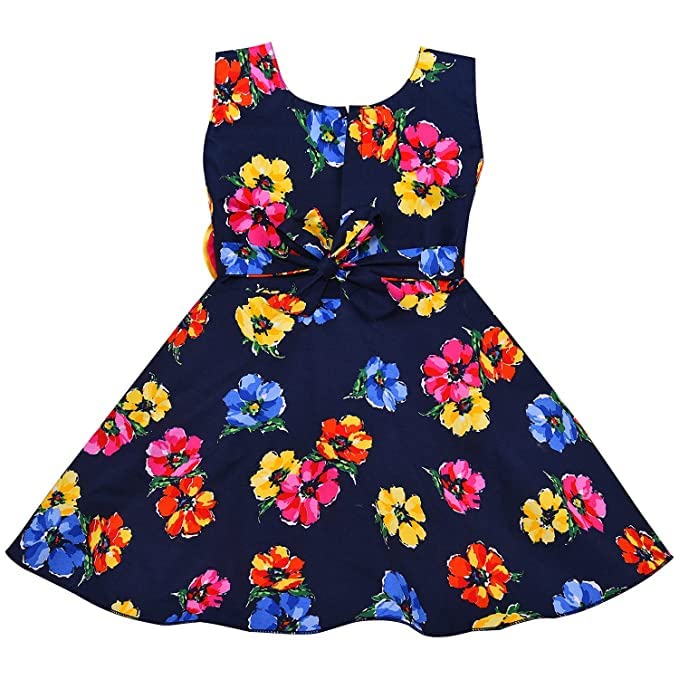 Girls Navy Blue Floral Sleeveless Party Dress with Pink Bow