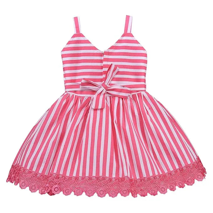 Girls Striped Cotton Party Frock with Lace Hem